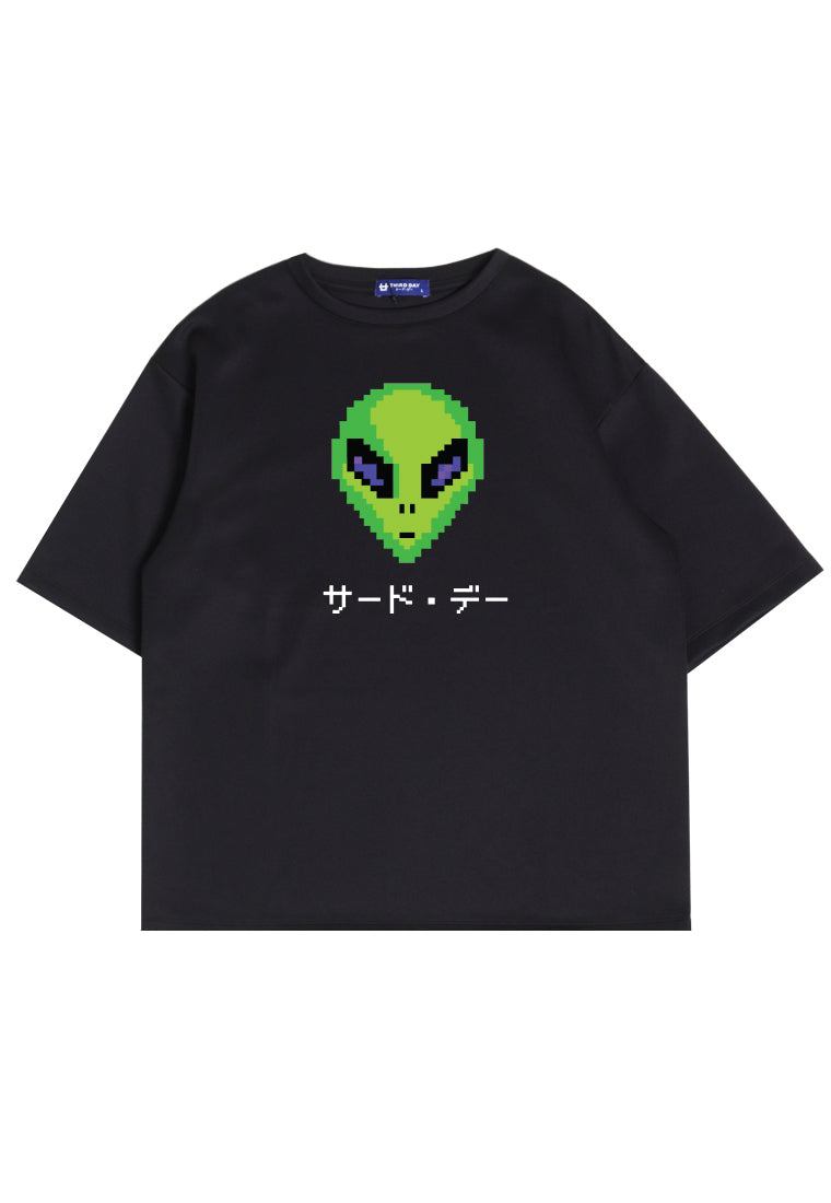 MTO87 kaos oversize alien UFO efek knitted rajut pixel scuba bahan tebal distro cowok hitam