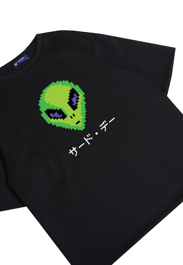 MTO87 kaos oversize alien UFO efek knitted rajut pixel scuba bahan tebal distro cowok hitam