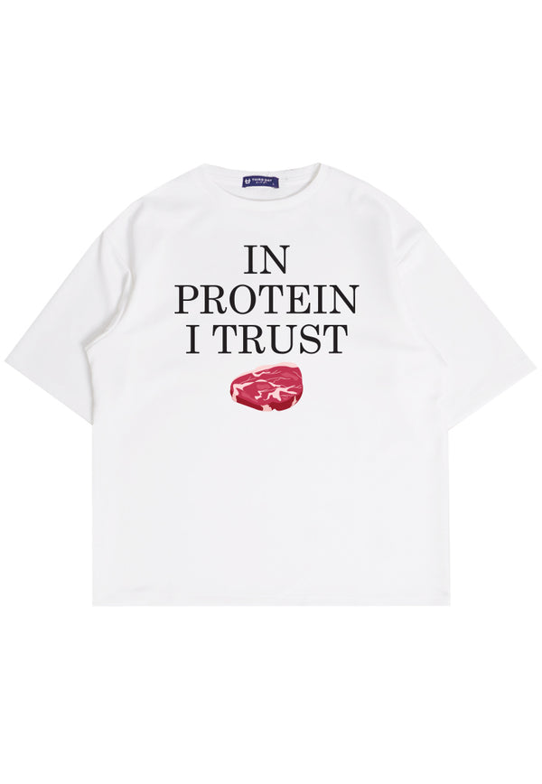 MTO94 kaos oversize gym t shirt bodybuilder bahan tebal scuba pria "in protein i trust" putih