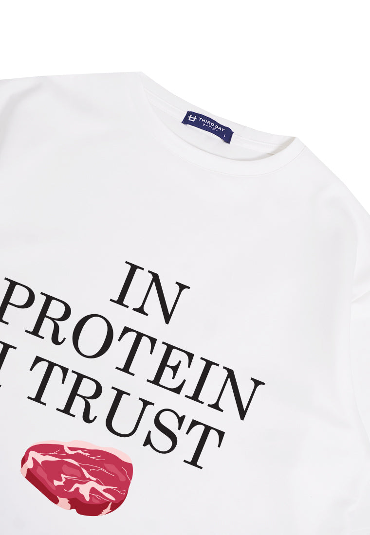 MTO94 kaos oversize gym t shirt bodybuilder bahan tebal scuba pria "in protein i trust" putih