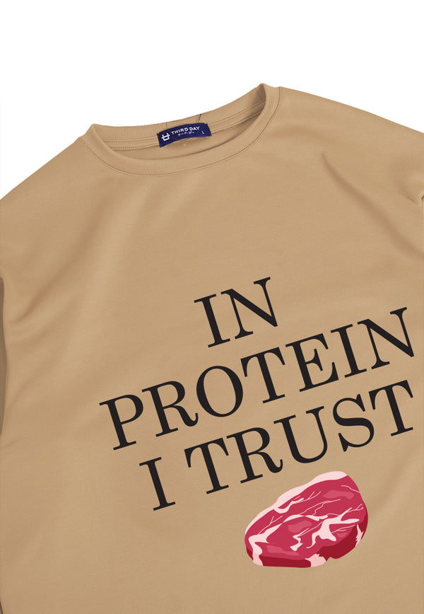 MTO95 kaos oversize gym t shirt bodybuilder bahan tebal scuba pria "in protein i trust" khaki