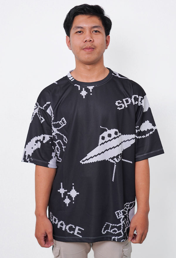 NX018 kaos oversize astronot cowok cewek unisex full print efek rajut knitted bahan tebal hitam putih