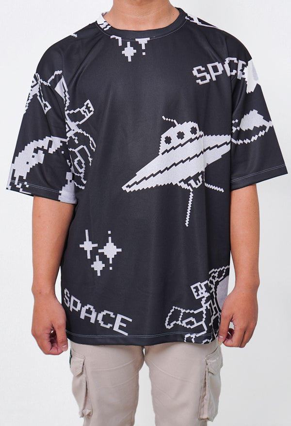 NX018 kaos oversize astronot cowok cewek unisex full print efek rajut knitted bahan tebal hitam putih