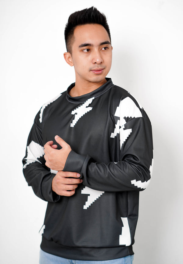 NW001 sweater oversize petir ringan estetik branded fullprint crewneck distro efek rajut hitam putih