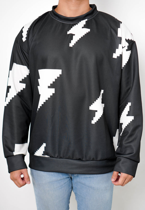 NW001 sweater oversize petir ringan estetik branded fullprint crewneck distro efek rajut hitam putih