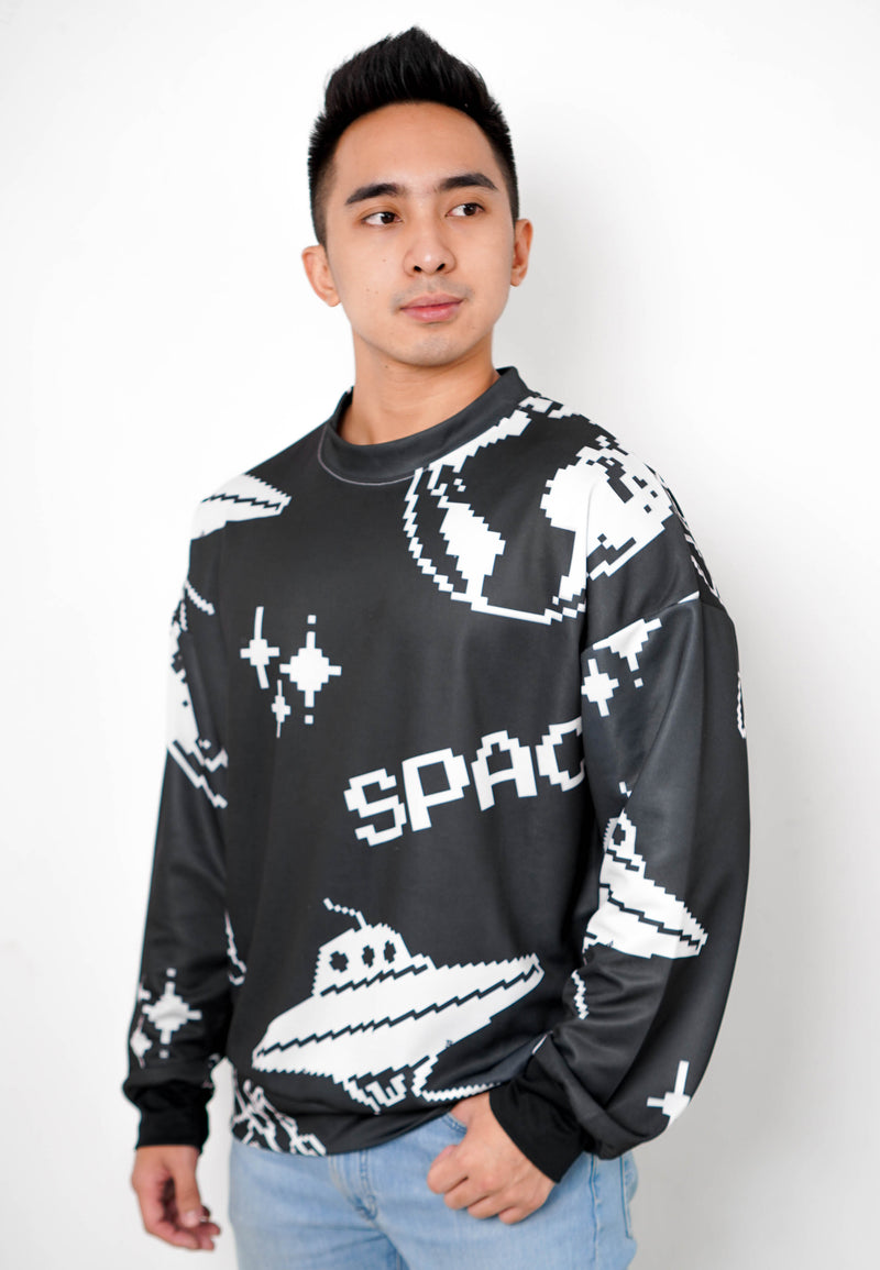 NW011 sweater oversize astronot alien planet abstrak motif efek rajut unisex fit to xl hitam