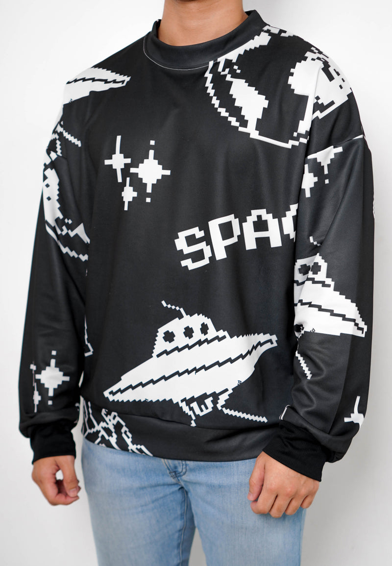 NW011 sweater oversize astronot alien planet abstrak motif efek rajut unisex fit to xl hitam