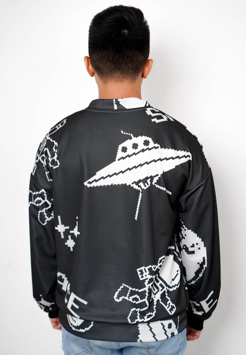 NW011 sweater oversize astronot alien planet abstrak motif efek rajut unisex fit to xl hitam