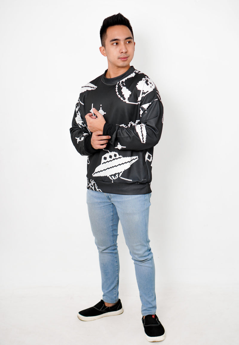 NW011 sweater oversize astronot alien planet abstrak motif efek rajut unisex fit to xl hitam