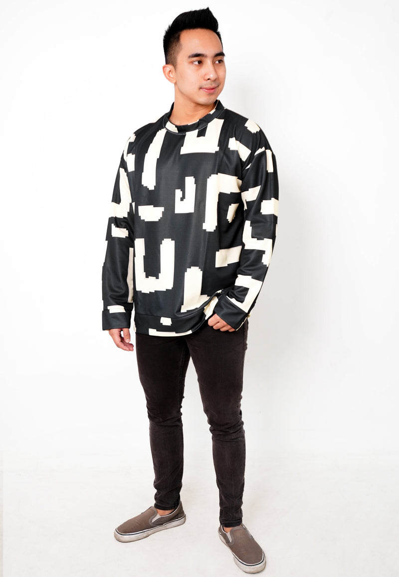 NW003 sweater oversize abstrak esterik korean style kpop kece garis garis lightweight hitam krem unisex efek rajut fit to XXL