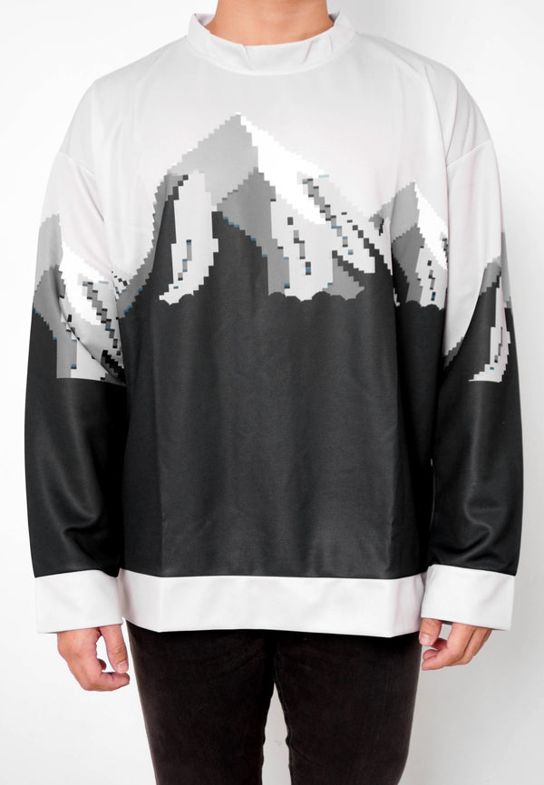 NW005 sweater oversize aesthetic kekinian gambar gunung efek rajut ringan crewneck abu hitam